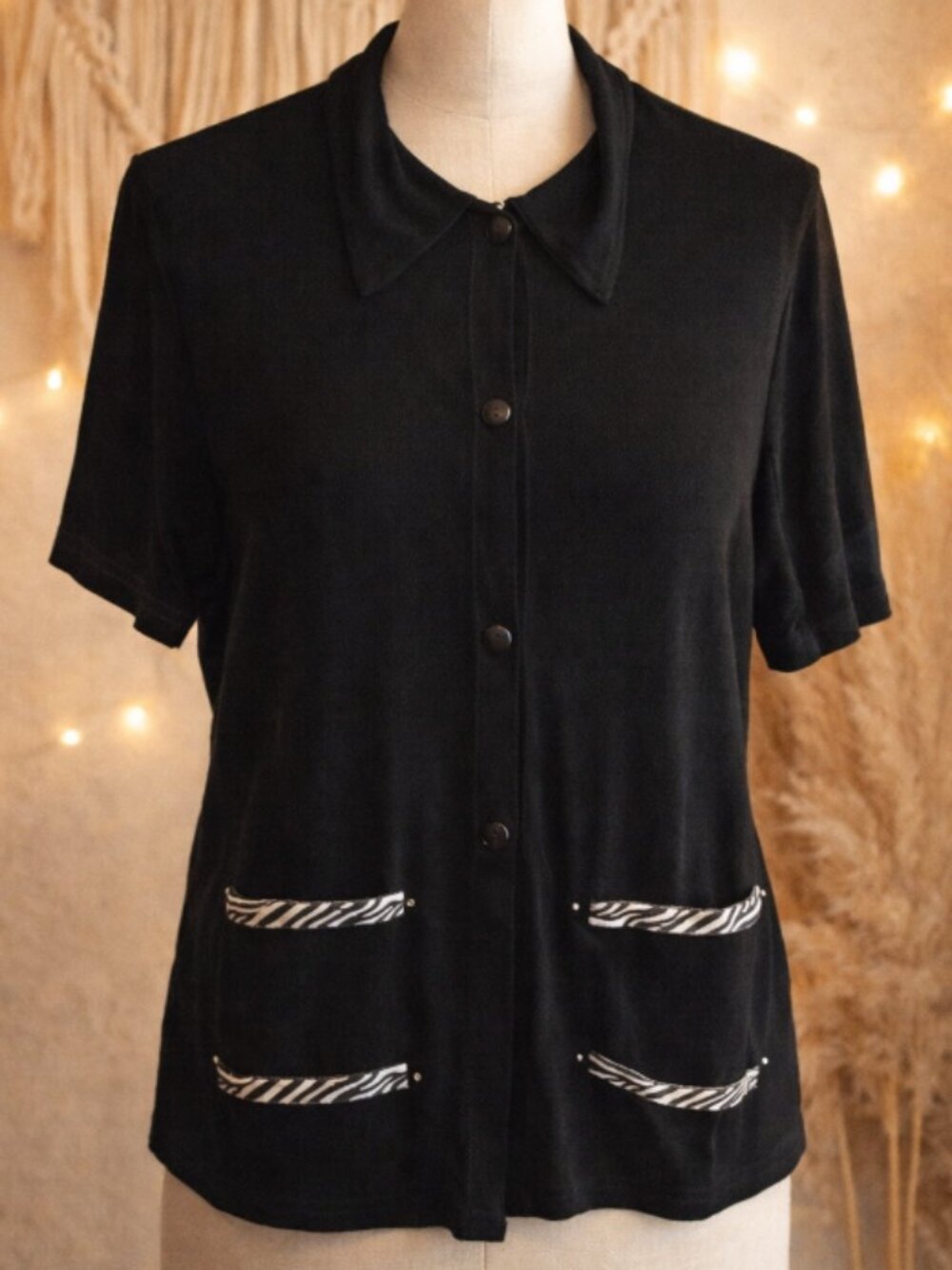 Vintage Kokomo Black Slinky Button Up Top XL Retro Minimalist Y2K Made in USA